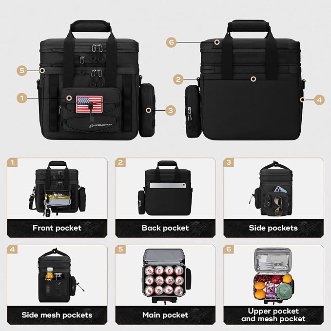 Maelstrom Tactical Lunch Box, 23 L Insulated Lunch Bag for Men, Expandable Double Deck Lunch Cooler Bag,Large Leakproof Soft Lunch Tote with Detachable MOLLE Bags, for Adult Women Work,Picnic,Black