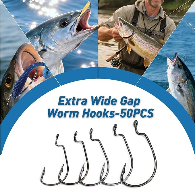 EWG Fishing Hooks 50Pcs Wide Gap Offset Worm Hook Sharp Strong Texas Rig Kit for Freshwater and Saltwater Fishing Multi-Size Set
