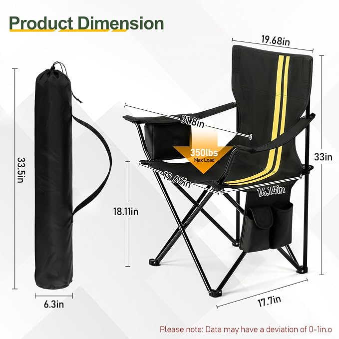 Outvita Heavy Duty Camping Chair with Insulated Cooler, 350LBS Folding Portable Chair with Cup Holder, Side & Back Pockets, Outdoor Foldable Chair for Camping Fishing Tailgating Beach
