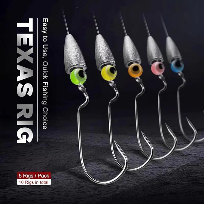 Texas Rig Kit 10 PCs 3/16 1/4 3/8oz with Paddle Tail Swimbaits and Reusable Bait Rig Keeper Case, Quick-Fishing Bass Fishing Lures Kit