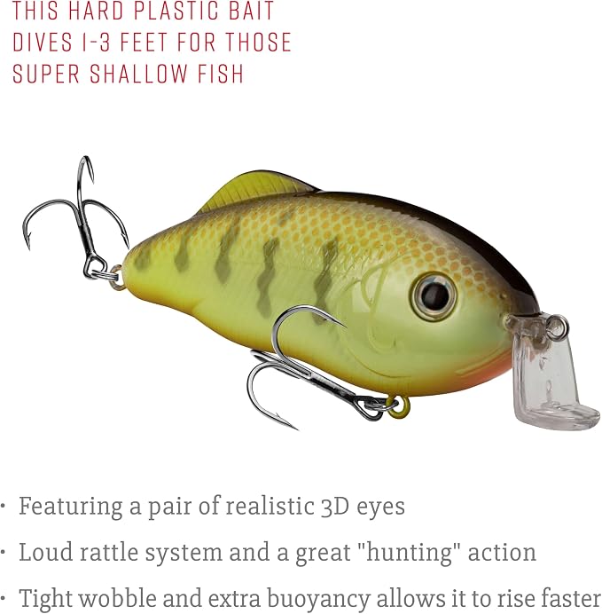 Strike King Hybrid Hunter Shallow Jr. Fishing Lure, Shallow Diving Crankbait, 90-Degree Bill, 3D Eyes, Loud Rattle, Dives 1 to 3-Feet,Size 4 & 6 Treble Hooks