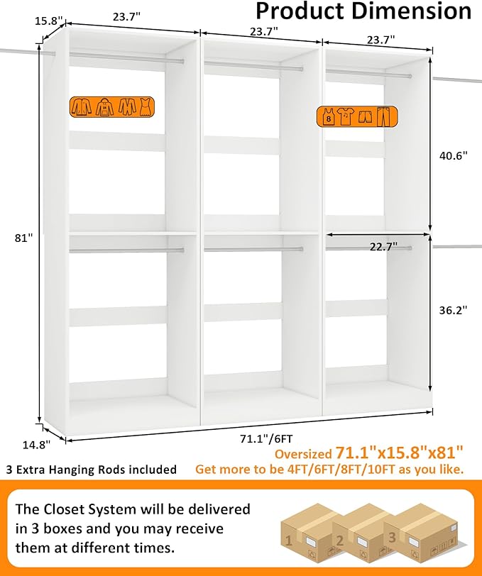 Closet System with 9 Hanging Rods& Shelf , 6FT Small Closet Organizer System Wood with Extra Side Hanging Rod for Walk in Closet Storage, Modular Closet Systems, White(6FT)