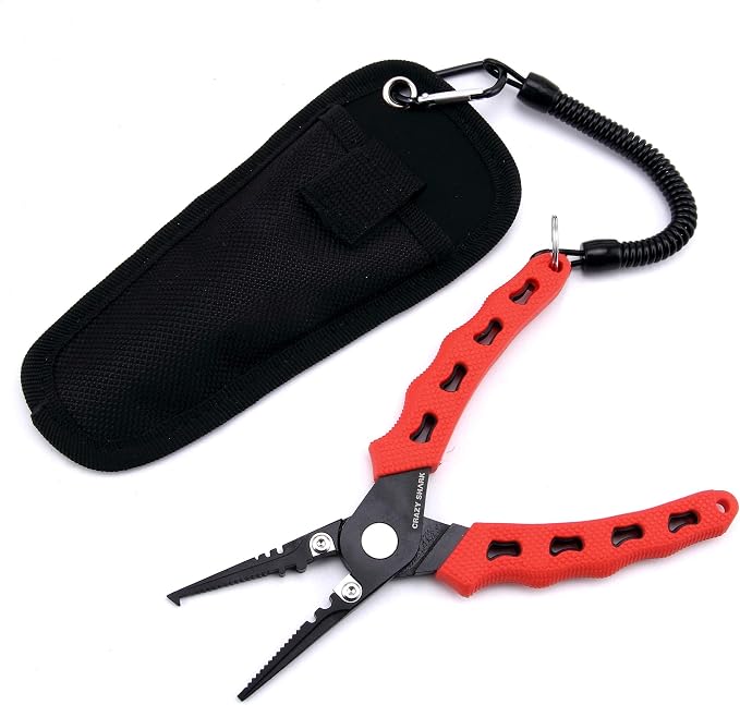 Fishing Pliers, Stainless Steel Fishing Tools, Saltwater Resistant Fishing Gear, Tungsten Carbide Cutters, Split Ring Pliers, Hook Remover with Coiled Lanyard and Sheath