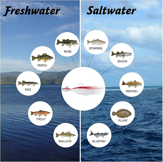 Dr.Fish 3 Pack Bucktail Jig Lure Hair Jig Saltwater Freshwater Lures Surf Fishing Bass Flounder Striper Bluefish Halibut Redfish