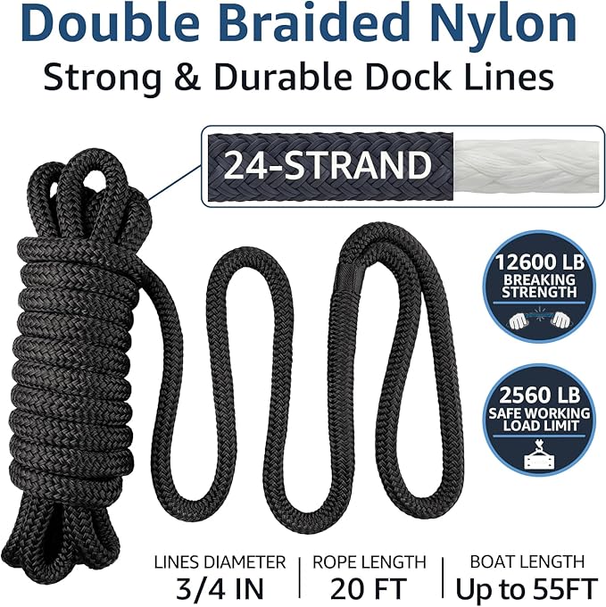 4 Pack 3/4" x 20' Dock Lines - Marine Grade Nylon Boat Rope with 15" Loop for Docking and Mooring - Double Braided Boat Lines, High Strength, Easy Handling, Fray Resistant, Heavy Duty - Black