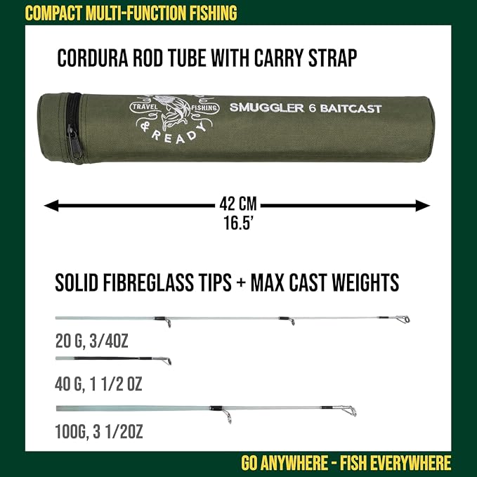 Rigged and Ready Smuggler Series™ Travel Fishing Rods. Super Compact, 1 Spinning Rod and Reel Combo, 4 Spin, 1 Casting Rod + Cases. 2, 3 or 4 Tips. Spin and General Freshwater - Saltwater Fishing