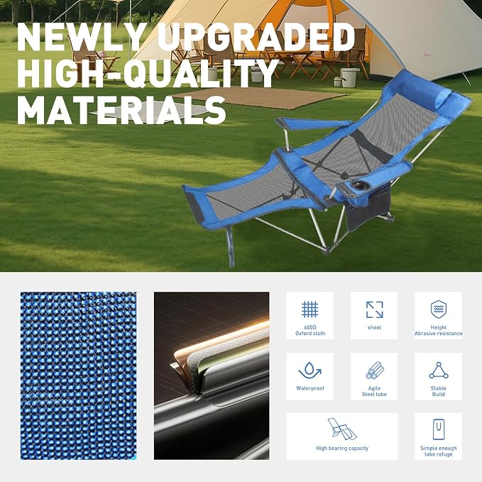 Zero Gravity Chair Reclining Folding Chair with Removable Footrest and Pillow & Cup Holder, Adjustable Outdoor Oxford Fabric Lounge Recliner for Camping, Beach, Garden, Patio, Blue Mesh
