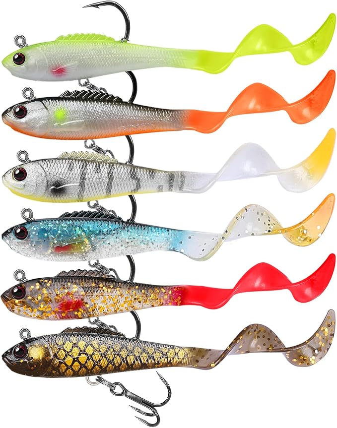 GOTOUR Pre-Rigged Soft Fishing Lures with Weedless Hook, Lifelike Paddle Tail Swimbaits for Bass Fishing, Freshwater & Saltwater Fishing Bait, Fishing Tackle for Bass, Pike, Trout, and Walleye