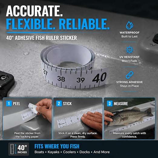 Fish Ruler Sticker 40 Inch, White Fish Measuring Tape, Adhesive Fish Measuring Sticker, Adhesive Measuring Tape Fishing Boat Accessories for Boat Kayak Cooler Workbench