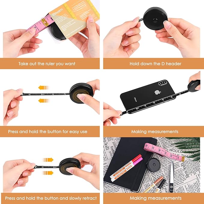 iBayam 2 Pack Tape Measure Measuring Tape for Body Fabric Sewing Tailor Cloth Knitting Vinyl Home Craft Measurements, 60-Inch Soft Fashion Pink & Retractable Black Double Scales Rulers for Body Weight