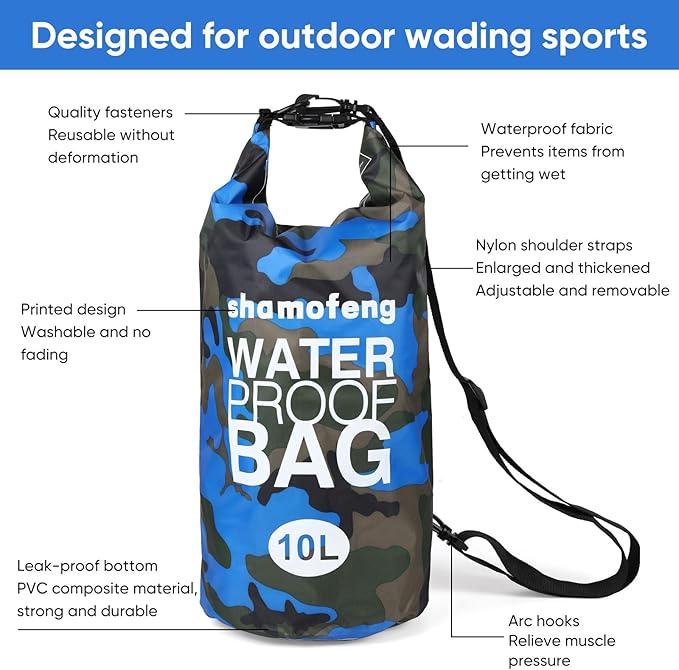 Waterproof Dry Bag 5L/10L/15L/20L/30L Roll Top Dry Storage Backpack with Phone Case, Collapsible Water Bottle, Sunglasses, Ear Band for Kayaking Boating Swimming Fishing Camping, Blue 10L