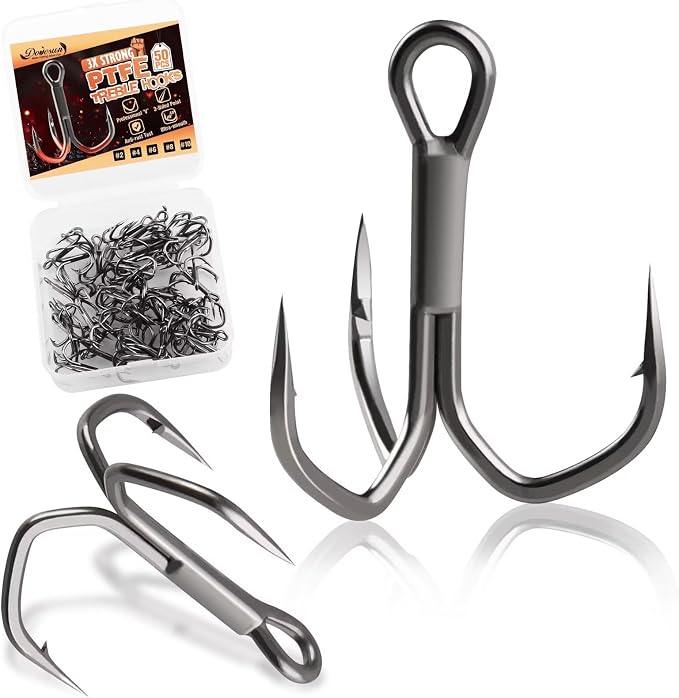 Dovesun Fishing Treble Hooks, Triple Hooks 3X Strong Professional V, 50PCS High Carbon Steel Replacement Fishing Hooks for Saltwater and Freshwater, Sizes #10#8#6#4#2