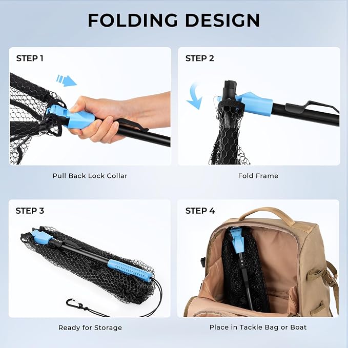 Calamus Triangle Fishing Net, Foldable, Lightweight & Strong Landing Net with Non-Slip Elastomer Handle, Built-in Elastic Lanyard and Belt Clip, Fishing Gear - Gift for Men