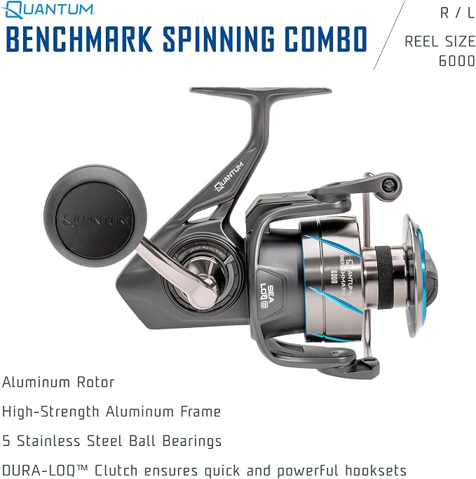 Quantum Benchmark Spinning Reel and Fishing Rod Combo, Graphite Composite Blank, 5+1 Bearings, Silver/Blue