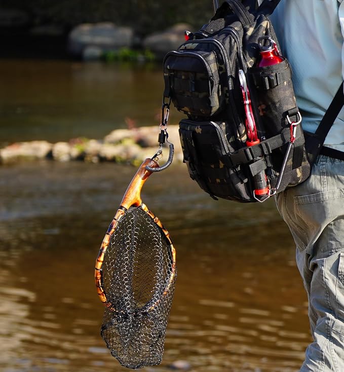 Fly Fishing Net with Release, Lightweight Trout Fishing Net with Wooden Handle Frame, Rubber-Coated Mesh Landing Nets for Minnow, Catch and Release