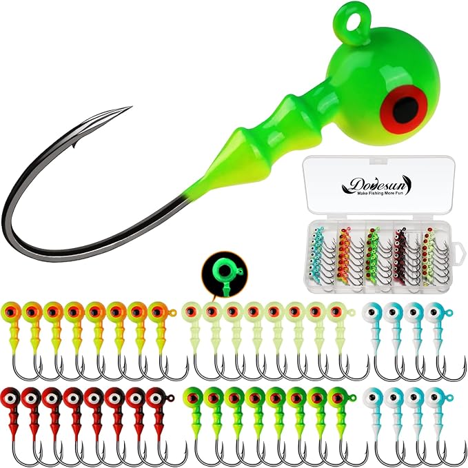 Dovesun Jig Heads for Fishing, Painted Jigheads with 3D Eye Ball Glowing Walleye | Bass | Crappie jigs 1/2oz 3/8oz 1/4oz 1/5oz 1/8oz 1/10oz 1/16oz 1/32oz Fishing Jig Hooks Assortment 15-40pcs