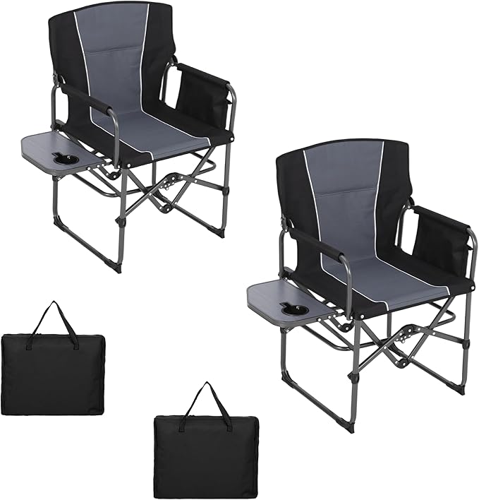 2 Pack Oversized Camping Directors Chair, Portable Folding Lawn Chairs for Adults with Side Table and Storage Pouch,Pocket for Beach, Fishing, Picnic,Concert,Tailgating, Heavy Duty Supports 330LBS