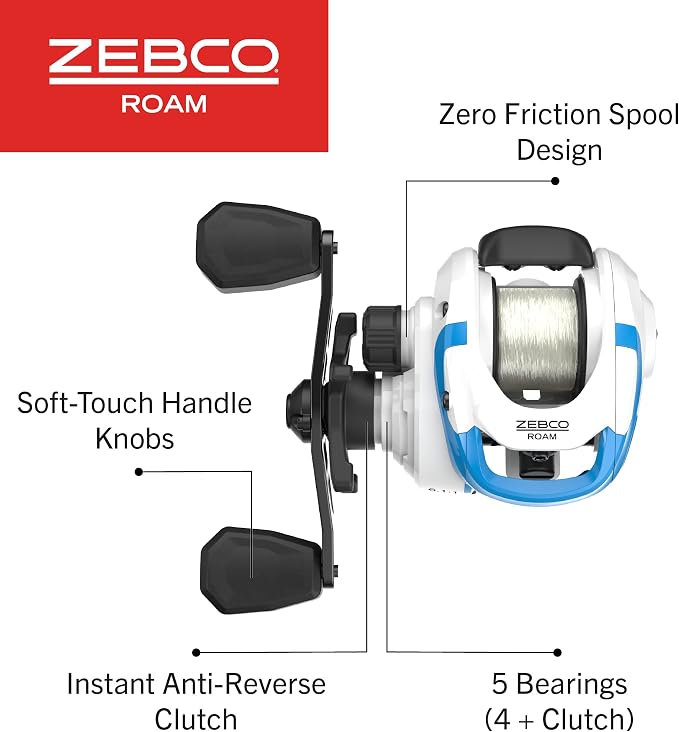 Zebco Roam Baitcast Fishing Reel, Size 100 Reel, Right-Hand Retrieve, Oversized Handle Knobs, Zero Friction Spool Design, Lightweight Graphite Frame, Blue