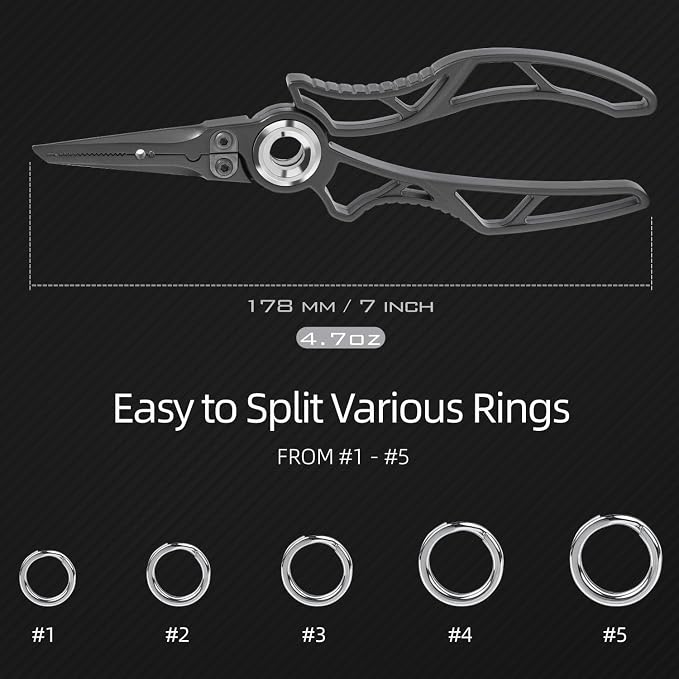 Gomexus 7 Inch Fishing Pliers and Titanium Plating, Saltwater Resistant Fishing Gear, Line Cutter, Hook Remover, Stainless Steel Split Ring Pliers with Carbide Blade-EXOSKELETON 7"