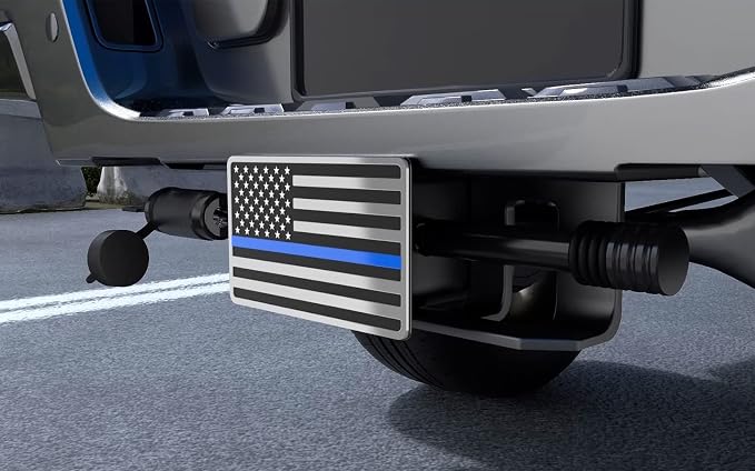 Heavy American Flag Metal Trailer Hitch Covers for 2 inch Receivers,Tow Hitch Covers 2 Inch for Truck Accessories (with 5/8-Inch Pin Diameter Trailer Hitch Lock,Chrome&Thin Blue Line)