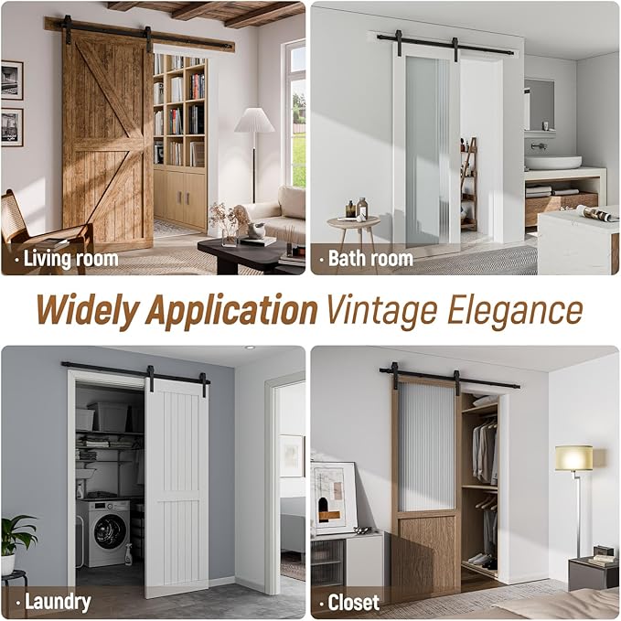 CCJH 9.6FT Single Sliding Barn Door Hardware Kit Black Basic Roller Carbon Steel Hanger Flat Track System for Closet Kitchen 1 Door 57 inch Wide