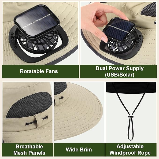 Syhood Solar Powered Fan Hat Neck Gaiter Arm Sleeves Sun Bucket Hat with Fan Cooling Wide Brim Hats for Fishing Hiking