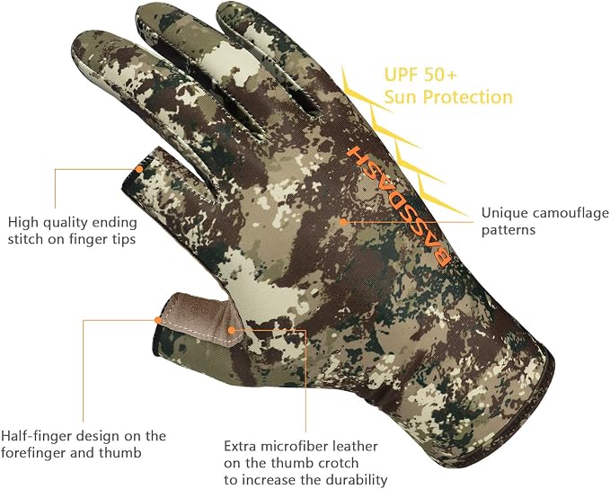 BASSDASH Unisex Fingerless Camo Hunting Gloves for Men's Women's Early Season Warm Weather UPF 50+ Lightweight Fishing Photography HG03