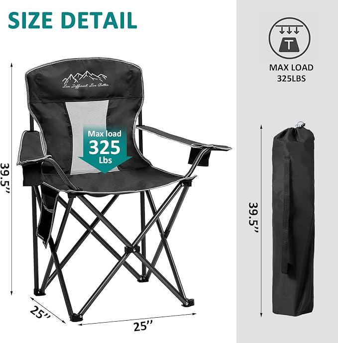 Outdoor Folding Camping Chair with Cup Holder, Storage Bag, Large Anti-Sink Feet, 400lbs Capacity, 2 Pack Breathable Mesh Portable Chair for Camping, Beach, Fishing, Sports, Black 2Pack