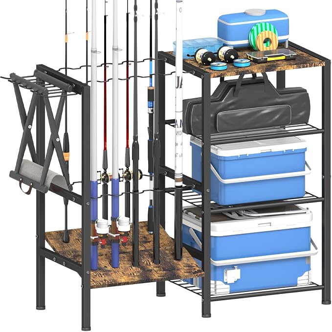 Fishing Rod Holders for Garage, Fishing Pole Holder Stand with Multifunctional Hook, 4 Tier Fishing Gear Equipment Organizers Rack, Fits Most Rods of 1.58" for Home Entryway Corner