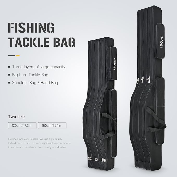 LEOFISHING Portable 3 Layers Fishing Pole Bag Durable Oxford Folding Fishing Rod Reel Carry Case Tackle Storage Bag Case Waterproof Camouflage Travel Fishing Carrier (Black, 120cm/47)