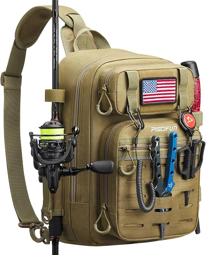 Piscifun Fishing Backpack Tackle Bag with 2 Rod Holders, Multi-Compartment Storage, MOLLE System, Water-Resistant Lightweight Outdoor Pack