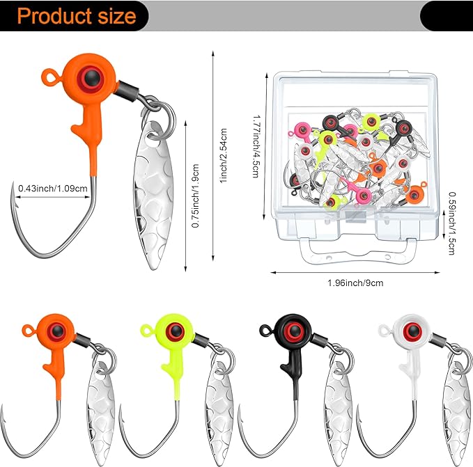 Skylety 15 Pcs Fishing Jig Heads Kit Fishing Lures Crappie Jig Road Heads Hook with Spinner Plastic Box for Freshwater Runner Bass