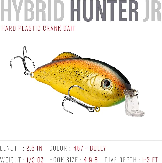 Strike King Hybrid Hunter Shallow Jr. Fishing Lure, Shallow Diving Crankbait, 90-Degree Bill, 3D Eyes, Loud Rattle, Dives 1 to 3-Feet,Size 4 & 6 Treble Hooks