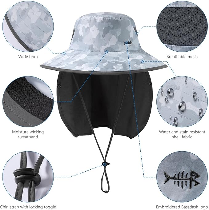 BASSDASH UPF 50+ Breathable Sun Hat with Removable Face Cover and Neck Flap Wide Brim Bucket Hat for Fishing Hiking Men Women