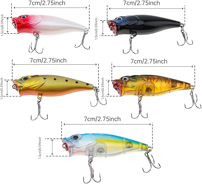 5pcs Fishing Popper Lure, Colorful 3D Eyes Topwater Lures Bass Lures Fishing Hard Baits