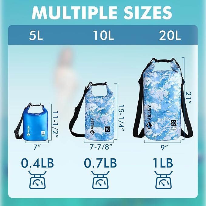 VILLEY Dry Bag Waterproof 5L Roll Top Storage Backpack, Keeps Gear Dry Lightweight Backpack for Kayaking Boating Camping Swimming and Beach Accessories Blue Transparent
