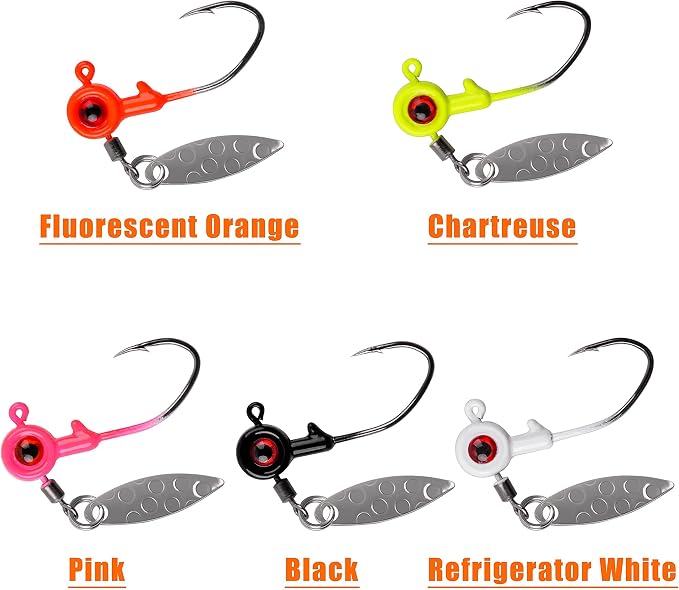 Crappie Jig Heads Fishing Lures Kit, 15pcs Underspin Jig Heads with Spinner Blade Crappie Lures Eye Ball Head Painted Fishing Jigs for Bass, Trout, Panfish, Sunfish