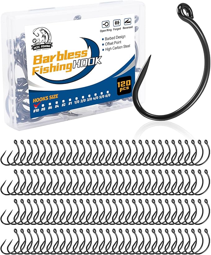 UCEC 190/220/260PCS Barbless Fishing Hooks, Carp Hooks Circle Curve Shank Fly Tying Fishing Hook Tackle Kit for Freshwater Saltwater Hair Rig Trout Size: 2# 4# 6# 8# 10#