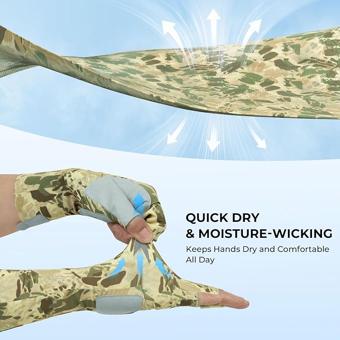 KastKing Agies Fishing Gloves Men, UPF 50+ Sun Gloves UV Protection, Cooling Quick-Dry 3/4 Fingerless Gloves with Extended Cuff, Microfiber Palm & Pull Tabs, for Fishing, Kayaking, Hiking, Hunting