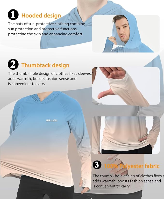 Men's UPF 50+ Sun Protection Hoodie Shirt Long Sleeve SPF Fishing Outdoor UV Hiking Lightweight Shirts