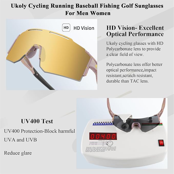 Ukoly Cycling Sunglasses for Men Women with 3 Interchangeable Lenses, Polarized Sports Sunglasses, Baseball Sunglasses