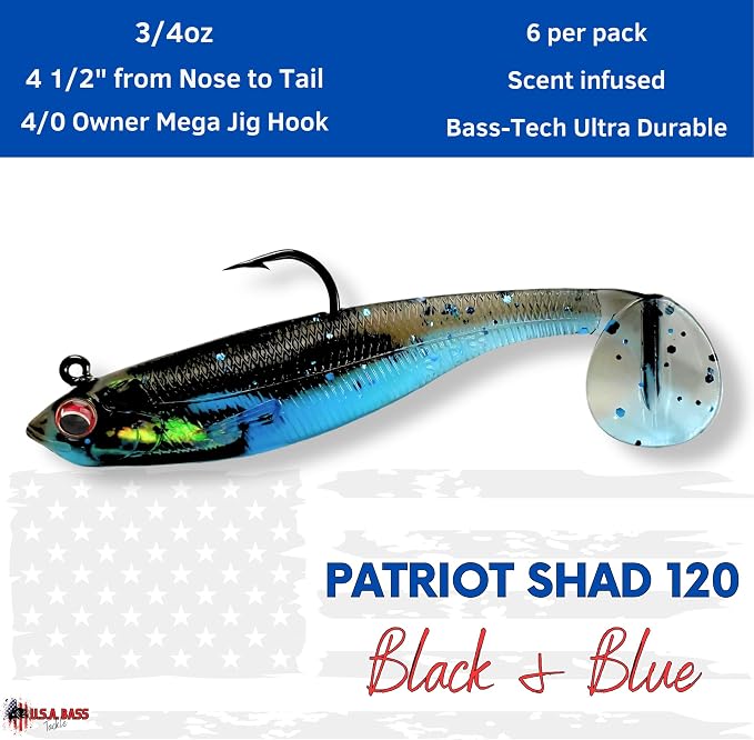 USA Bass Tackle Patriot Shad - Scent Infused Paddle Tail Swimbaits Pre Rigged Fishing Lures Premium Bait Strong Owner Hook, Fishing Gear for Bass Freshwater Predator Fish