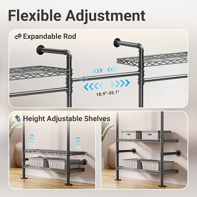 Timate U3 U Shape Garment Rack Heavy Duty Clothes Rack for Hanging Clothes, Expandable Industrial Pipe Clothing Rack Wall Mounted Closets L Shaped Wardrobe Closet System, Large Closet Kit, Black