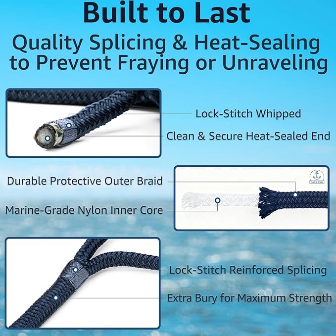 Double Braid 1/2" x 15' Boat Dock Lines (4-Pack) – Nylon Boat Ropes for Docking with 12" Spliced Eye – Heavy Duty Marine Rope – Soft & Durable Boat Lines for Pontoon and Light Boat (Navy Blue)