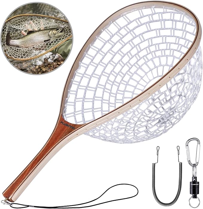 PLUSINNO Fly Fishing Net, Wooden Frame Fishing Landing Net with Magnetic Release, Soft Rubber Mesh Net for Trout Bass Catch and Release, Magnetic Fly Fishing Gear