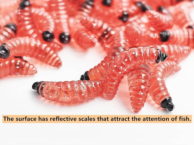 50pcs-1Inch Bass Fishing Worms Lures,Silicone Soft Maggot Baits Bread Worm Fishing Lure,5 Color