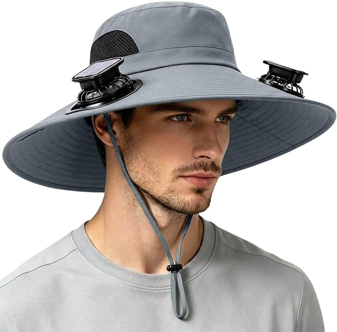 Solar Powered Fan Hat for Men Women Wide Brim Hat with 2 Fans UPF 50+ Outdoor Fishing Beach Sun Hat
