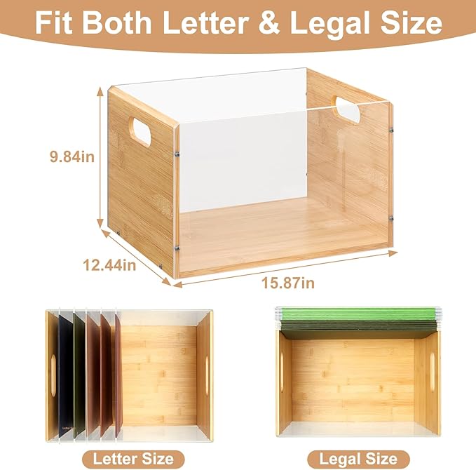 Letter/Legal Bamboo Acrylic File Box Organizer, Hanging File Folder Storage Boxes, Decorative Document Crate Transparent Filing Bin with Handle for Home Office Desk