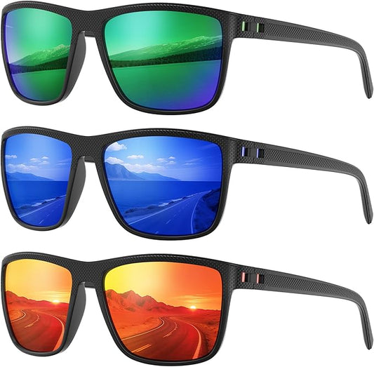 Fanshen Square Polarized Sunglasses for Men, 3 Pack Lightweight UV Protection Sun Glasses for Driving Fishing Golf