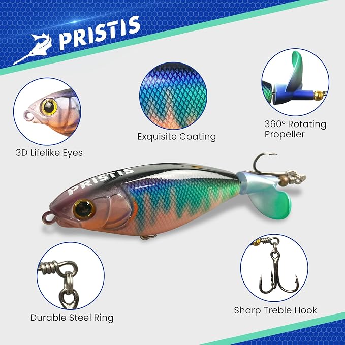 Pristis 3 pcs Topwater Fishing Plopper Lures, Floating Popper Bait Set with Chemically Sharpened Hooks for Saltwater Freshwater, Top Water Plopping Swimbait Teaser for Bass Tuna Perch Pike Crappie